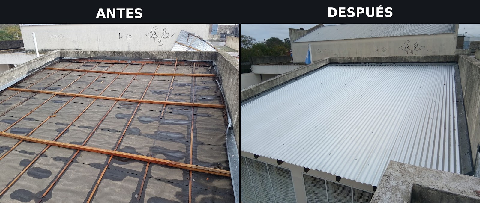 Techo de habitación rearmado con tirantes, clavaderas y chapas nuevas