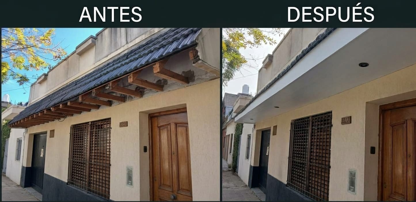 Alero renovado con cielorraso de PVC en la fachada